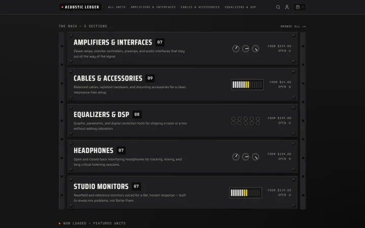 Acoustic Ledger storefront listing equipment categories styled as rack-mounted units