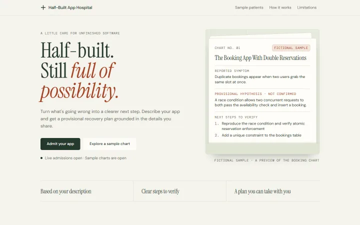 Half-Built App Hospital home page with the headline “Half-built. Still full of possibility.” beside a sample patient chart